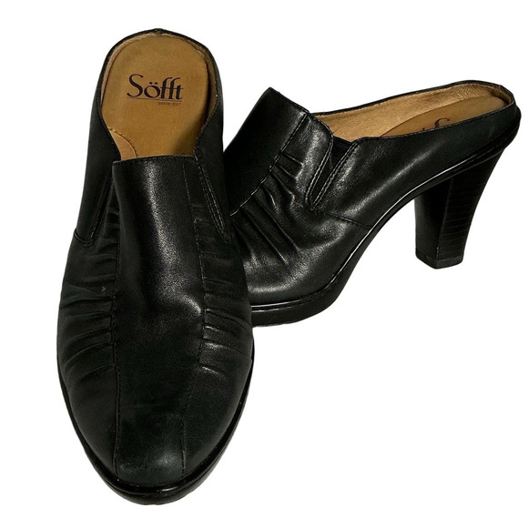 Sofft Shoes - Söfft Black Leather Heeled Mules Slip On Comfort Shoes Stacked Heel Size 8M